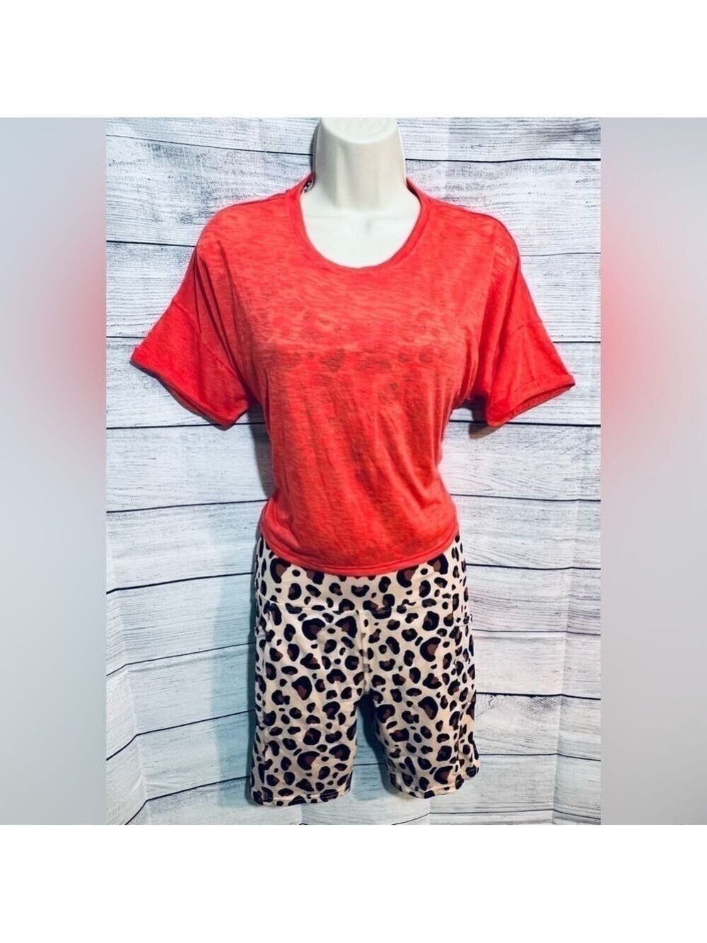 Ellie Natural Edgy Leopard Lucinda Sports Bra, Leena Shorts & Coral Tie Crop Top